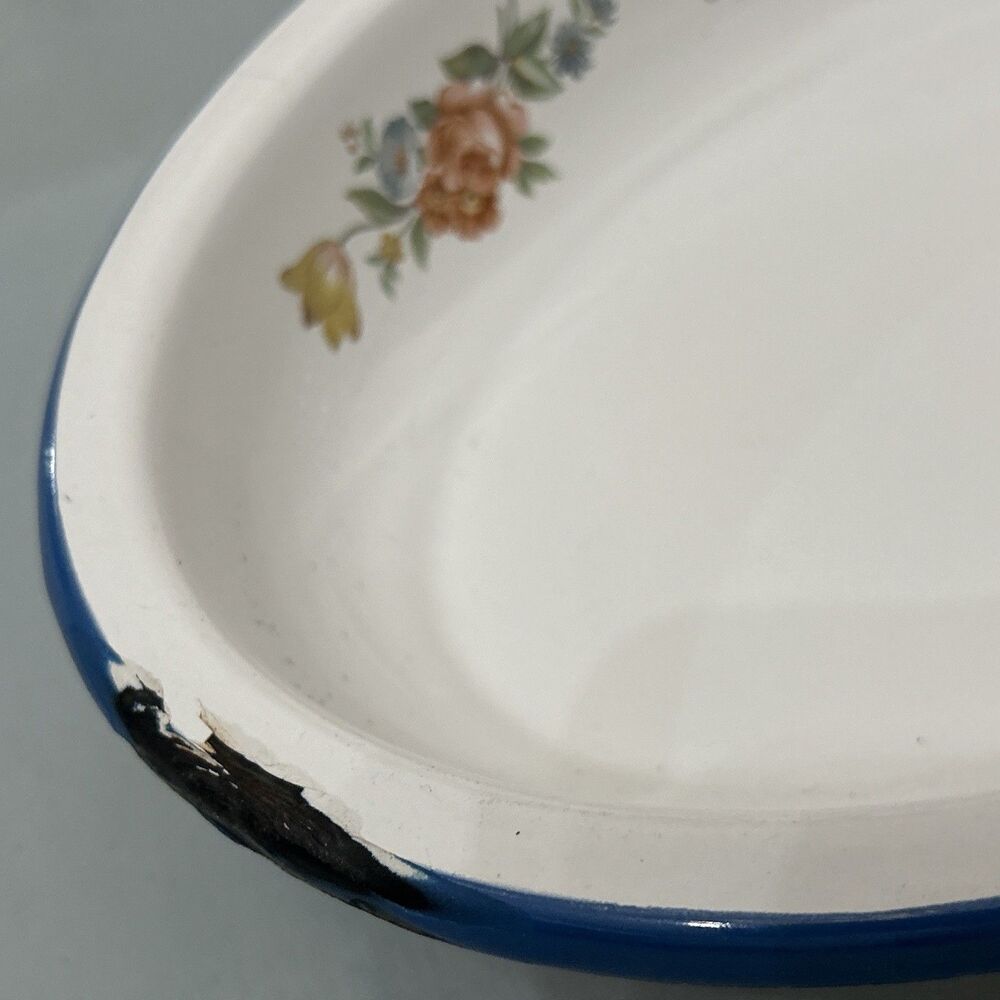 Vtg Enamelware Floral Print Rose Cinsa Brand Saltillo Mexico Oval Blue Trim - Picture 6 of 14